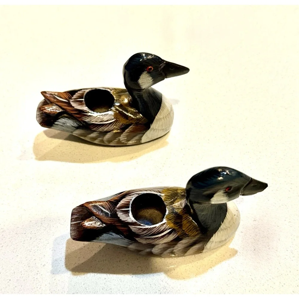 Vintage Wooden Duck Hand Carved Decoy‎ Hand Painted Candle Holders Set Of 2